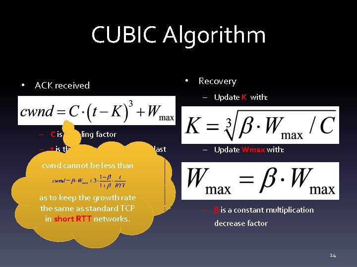 CUBIC Algorithm • ACK received • Recovery – Update K with: – C is