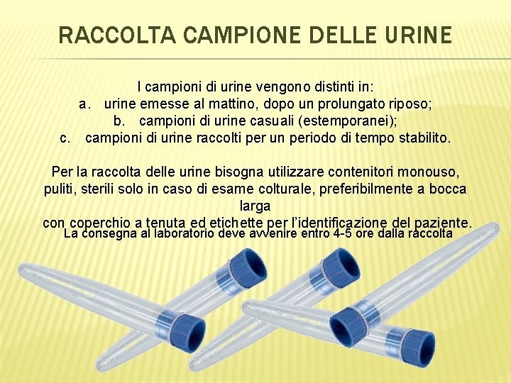 RACCOLTA CAMPIONE DELLE URINE I campioni di urine vengono distinti in: a. urine emesse