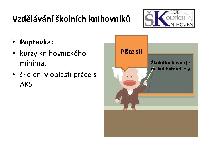 Vzdělávání školních knihovníků • Poptávka: • kurzy knihovnického minima, • školení v oblasti práce