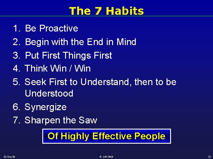 The 7 Habits 1. 2. 3. 4. 5. Be Proactive Begin with the End