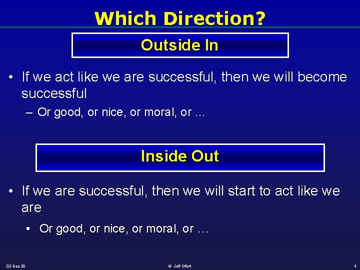 Which Direction? Outside In • If we act like we are successful, then we