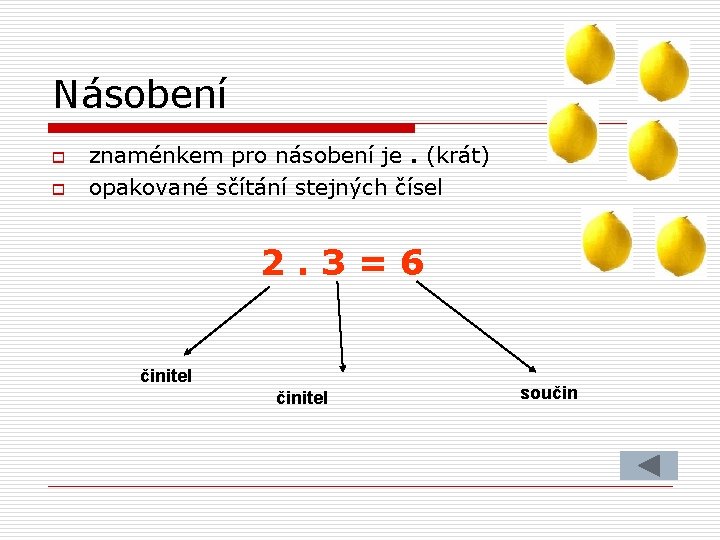 Násobení o o znaménkem pro násobení je. (krát) opakované sčítání stejných čísel 2. 3=6