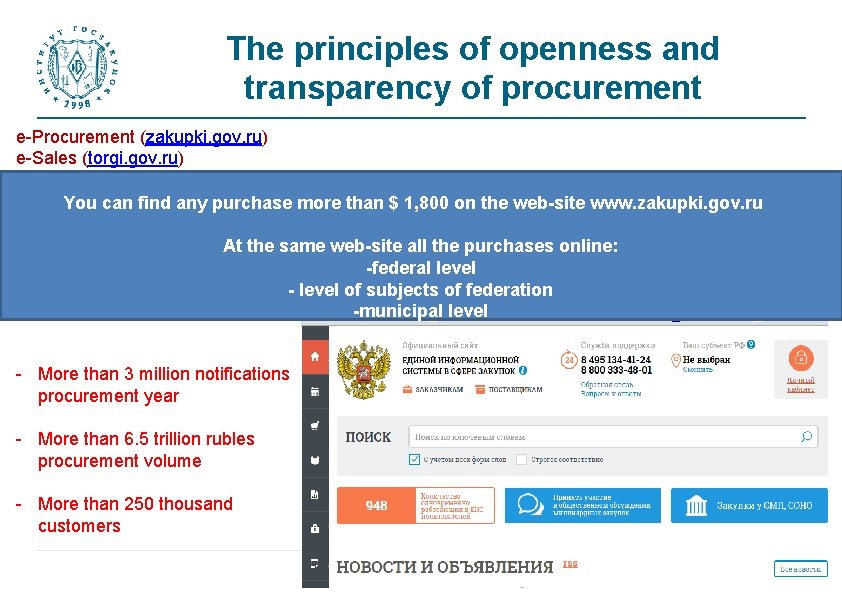 The principles of openness and transparency of procurement e-Procurement (zakupki. gov. ru) e-Sales (torgi.