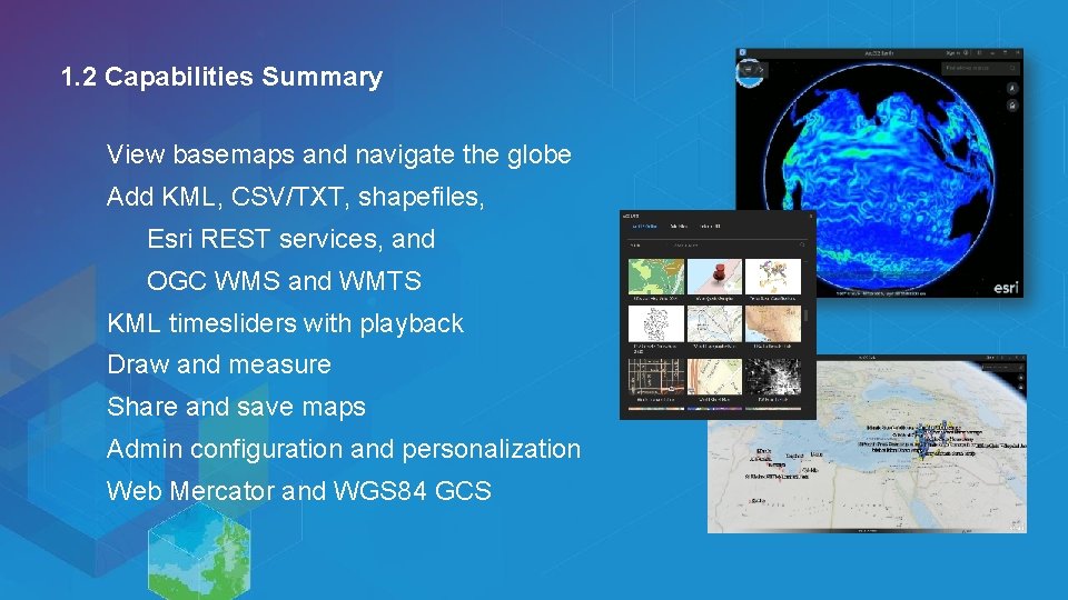 1. 2 Capabilities Summary View basemaps and navigate the globe Add KML, CSV/TXT, shapefiles,