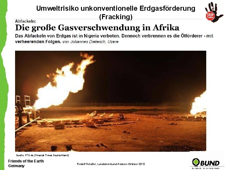 Umweltrisiko unkonventionelle Erdgasförderung (Fracking) Quelle: FTD. de (Finacial Times Deutschland) Friends of the Earth