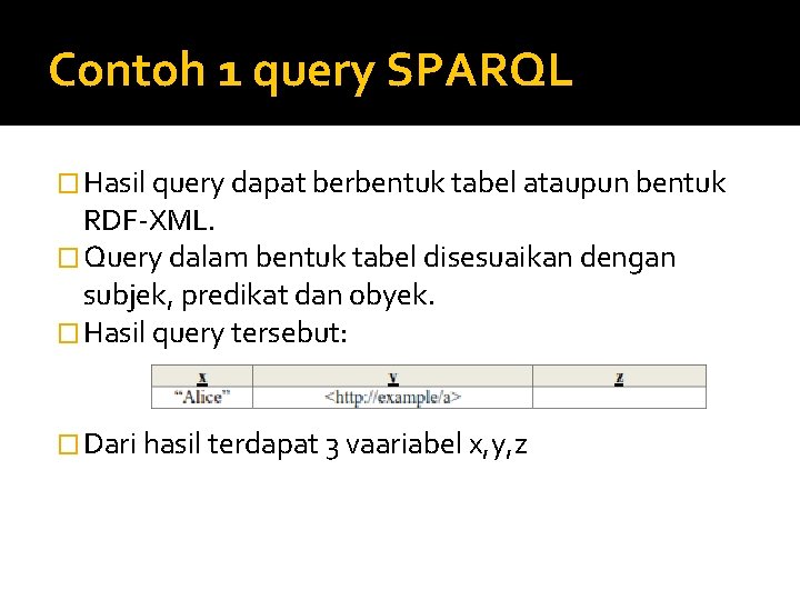 Contoh 1 query SPARQL � Hasil query dapat berbentuk tabel ataupun bentuk RDF-XML. �