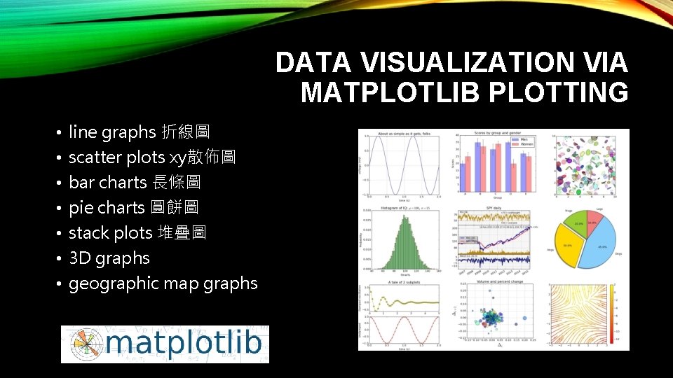 DATA VISUALIZATION VIA MATPLOTLIB PLOTTING • • line graphs 折線圖 scatter plots xy散佈圖 bar