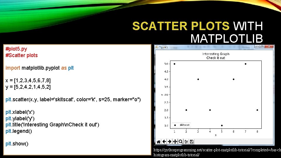 SCATTER PLOTS WITH MATPLOTLIB #plot 5. py #Scatter plots import matplotlib. pyplot as plt