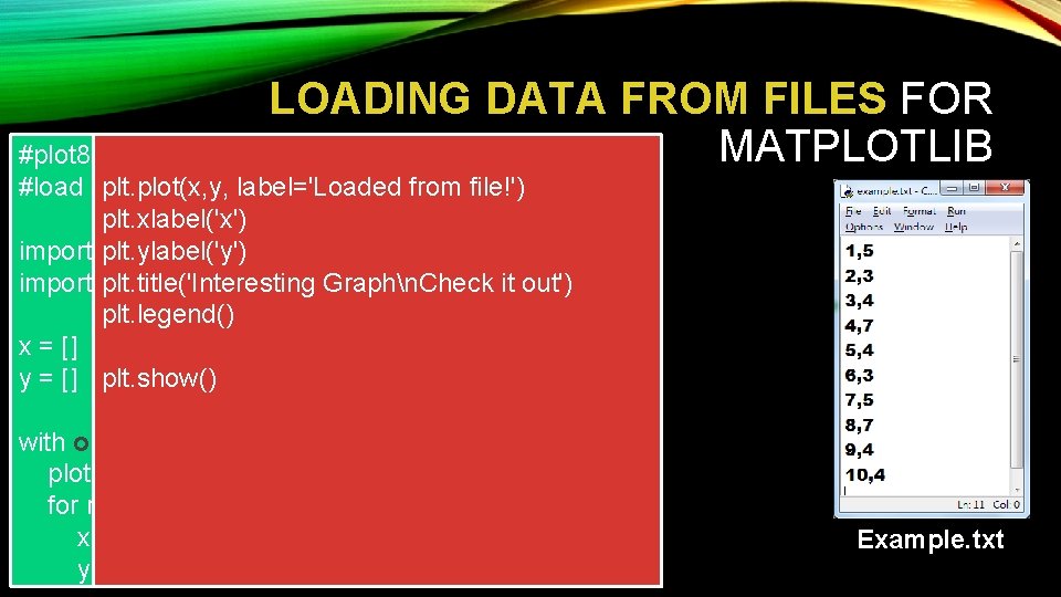 LOADING DATA FROM FILES FOR MATPLOTLIB #plot 8. py plt. plot(x, y, label='Loaded from