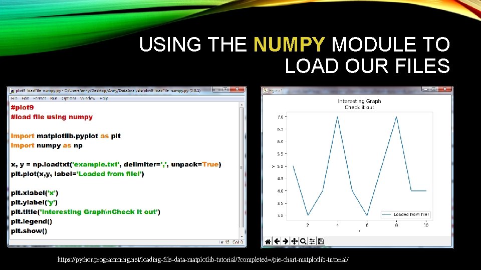 USING THE NUMPY MODULE TO LOAD OUR FILES https: //pythonprogramming. net/loading-file-data-matplotlib-tutorial/? completed=/pie-chart-matplotlib-tutorial/ 