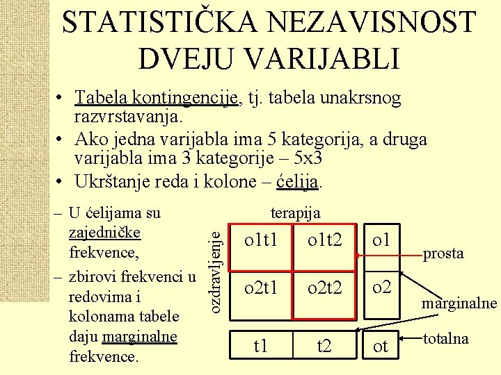 STATISTIČKA NEZAVISNOST DVEJU VARIJABLI • Tabela kontingencije, tj. tabela unakrsnog razvrstavanja. • Ako jedna