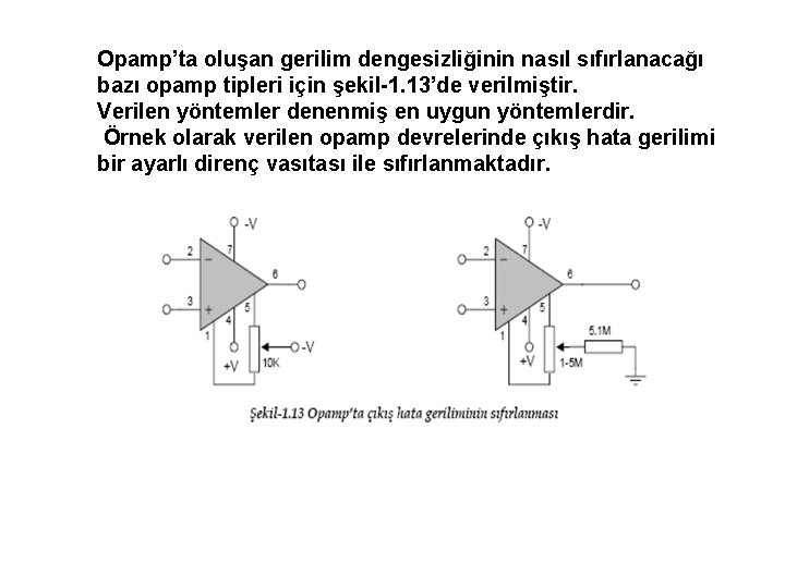 Opamp’ta oluşan gerilim dengesizliğinin nasıl sıfırlanacağı bazı opamp tipleri için şekil-1. 13’de verilmiştir. Verilen Opamp’ta oluşan gerilim dengesizliğinin nasıl sıfırlanacağı bazı opamp tipleri için şekil-1. 13’de verilmiştir. Verilen