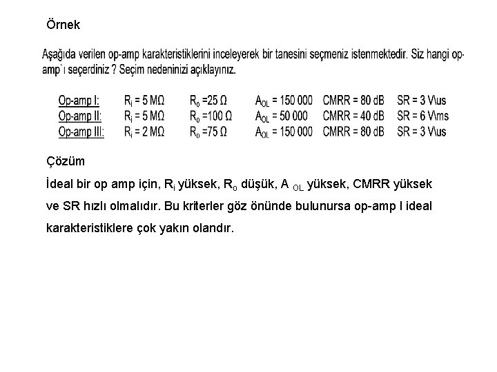 Örnek Çözüm İdeal bir op amp için, Ri yüksek, Ro düşük, A OL yüksek, Örnek Çözüm İdeal bir op amp için, Ri yüksek, Ro düşük, A OL yüksek,