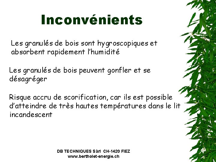 Inconvénients Les granulés de bois sont hygroscopiques et absorbent rapidement l’humidité Les granulés de