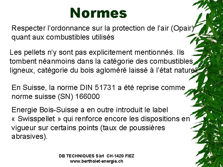 Normes Respecter l’ordonnance sur la protection de l’air (Opair) quant aux combustibles utilisés Les