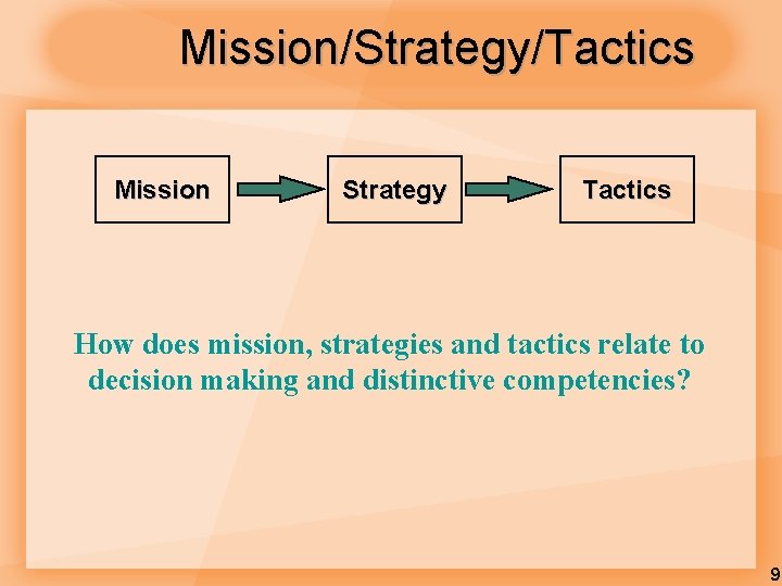 Mission/Strategy/Tactics Mission Strategy Tactics How does mission, strategies and tactics relate to decision making