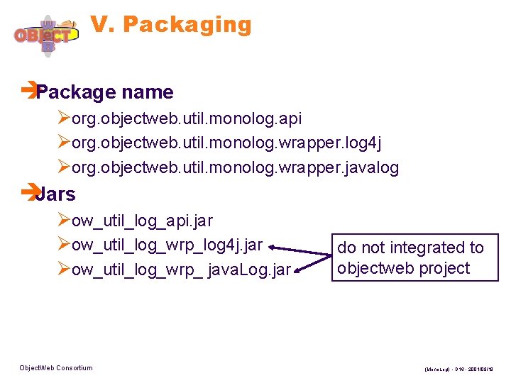 V. Packaging èPackage name Øorg. objectweb. util. monolog. api Øorg. objectweb. util. monolog. wrapper.