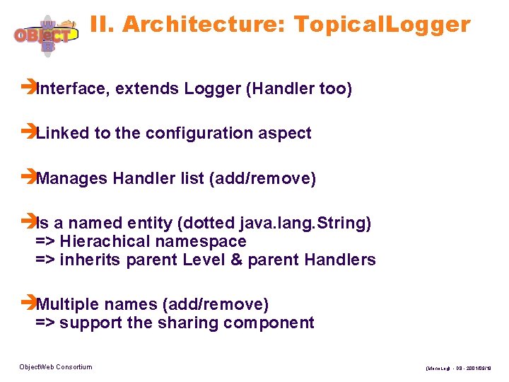 II. Architecture: Topical. Logger èInterface, extends Logger (Handler too) èLinked to the configuration aspect