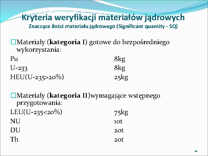 Kryteria weryfikacji materiałów jądrowych Znaczące ilości materiału jądrowego (Significant quantity - SQ) �Materiały (kategoria