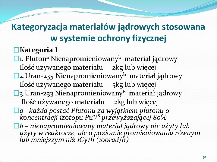 Kategoryzacja materiałów jądrowych stosowana w systemie ochrony fizycznej �Kategoria I � 1. Plutona Nienapromieniowanyb