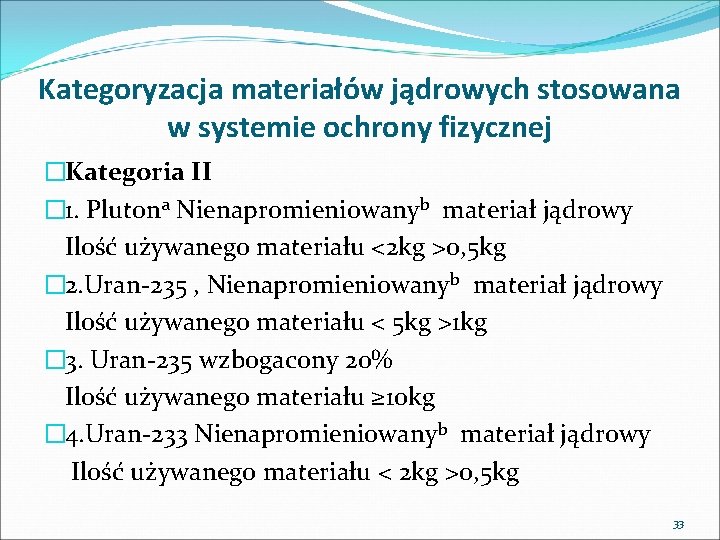 Kategoryzacja materiałów jądrowych stosowana w systemie ochrony fizycznej �Kategoria II � 1. Plutona Nienapromieniowanyb