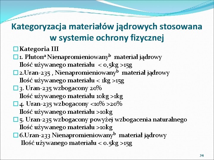 Kategoryzacja materiałów jądrowych stosowana w systemie ochrony fizycznej �Kategoria III � 1. Plutona Nienapromieniowanyb