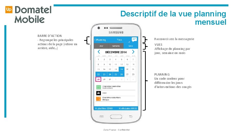  Descriptif de la vue planning mensuel BARRE D’ACTION - Regroupe les principales actions