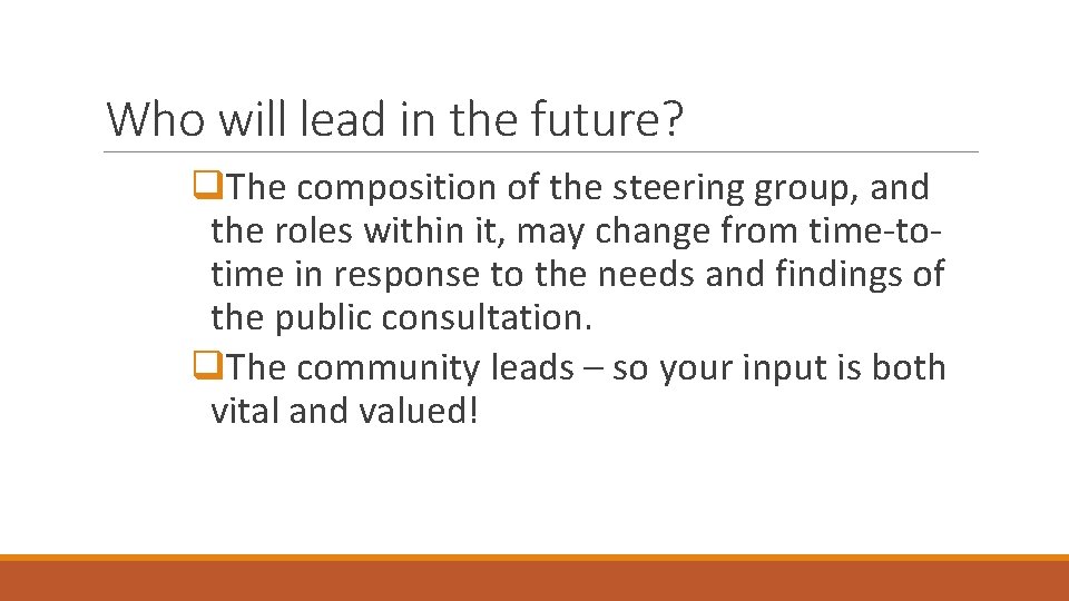 Who will lead in the future? q. The composition of the steering group, and