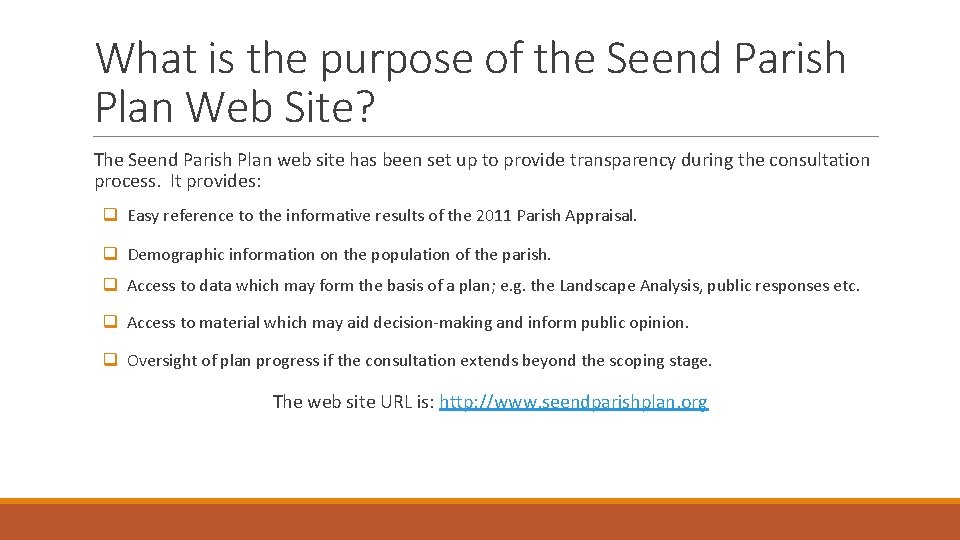 What is the purpose of the Seend Parish Plan Web Site? The Seend Parish