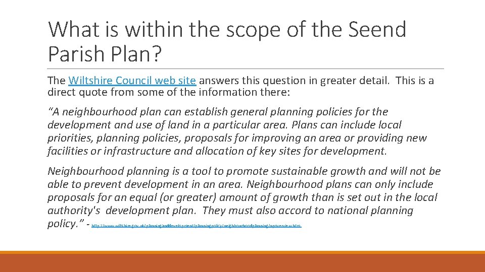 What is within the scope of the Seend Parish Plan? The Wiltshire Council web