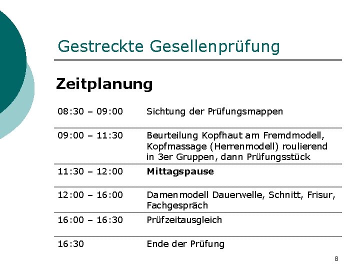 Gestreckte Gesellenprüfung Zeitplanung 08: 30 – 09: 00 Sichtung der Prüfungsmappen 09: 00 – Gestreckte Gesellenprüfung Zeitplanung 08: 30 – 09: 00 Sichtung der Prüfungsmappen 09: 00 –