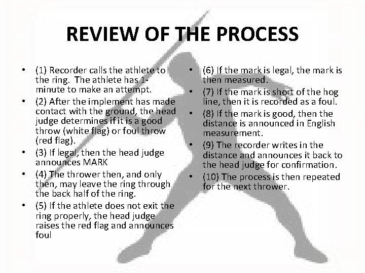 REVIEW OF THE PROCESS • (1) Recorder calls the athlete to the ring. The