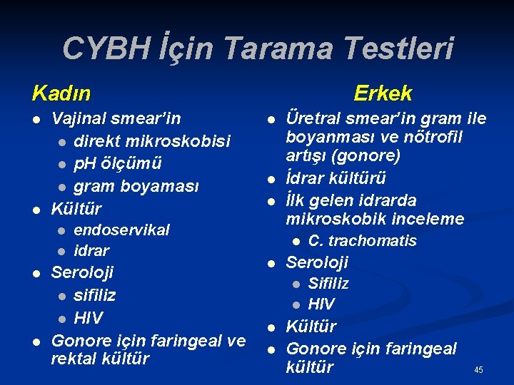 CYBH İçin Tarama Testleri Kadın l l Vajinal smear’in l direkt mikroskobisi l p.