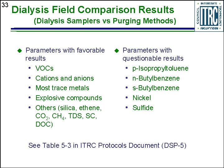 33 Dialysis Field Comparison Results (Dialysis Samplers vs Purging Methods) u Parameters with favorable