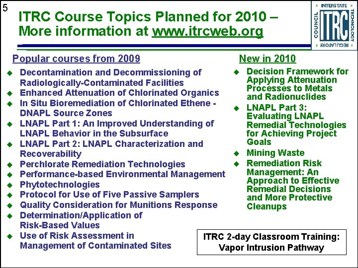 5 ITRC Course Topics Planned for 2010 – More information at www. itrcweb. org