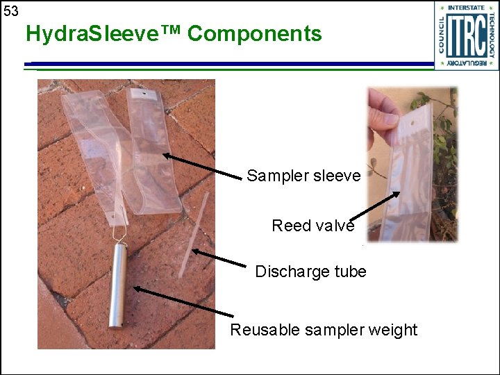 53 Hydra. Sleeve™ Components Sampler sleeve Reed valve Discharge tube Reusable sampler weight 