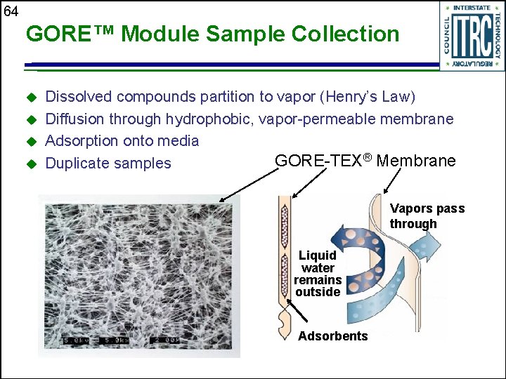 64 GORE™ Module Sample Collection u u Dissolved compounds partition to vapor (Henry’s Law)