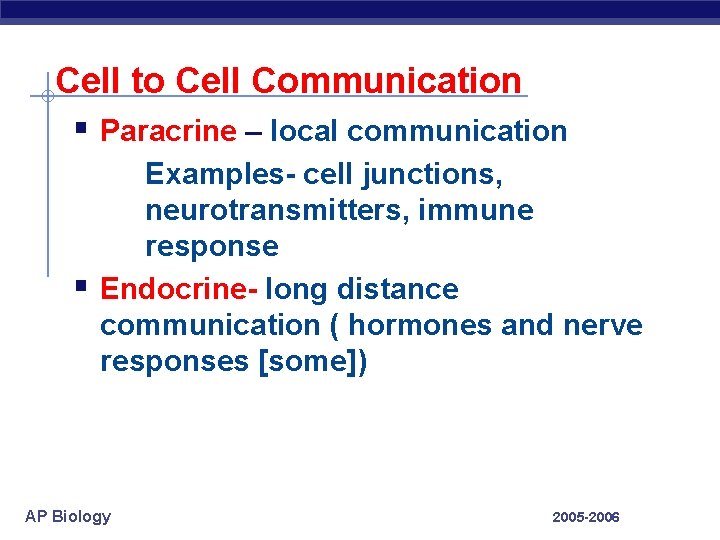 Cell to Cell Communication § Paracrine – local communication § Examples- cell junctions, neurotransmitters, Cell to Cell Communication § Paracrine – local communication § Examples- cell junctions, neurotransmitters,