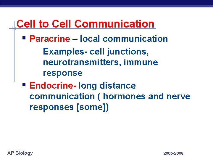 Cell to Cell Communication § Paracrine – local communication § Examples- cell junctions, neurotransmitters,