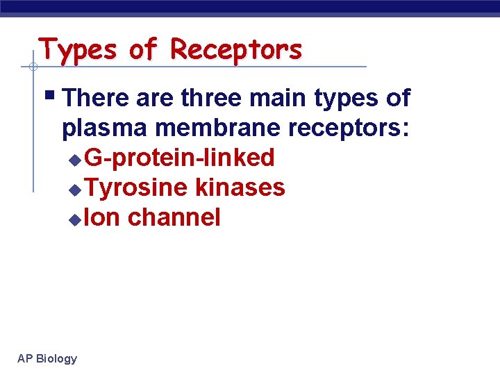 Types of Receptors § There are three main types of plasma membrane receptors: u Types of Receptors § There are three main types of plasma membrane receptors: u