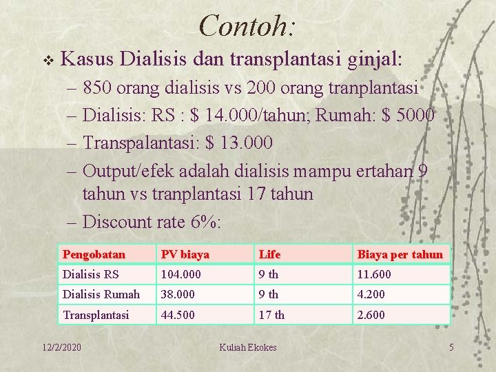 Contoh: v Kasus Dialisis dan transplantasi ginjal: – 850 orang dialisis vs 200 orang