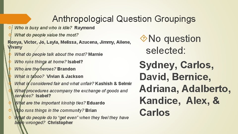 Anthropological Question Groupings Who is busy and who is idle? Raymond What do people