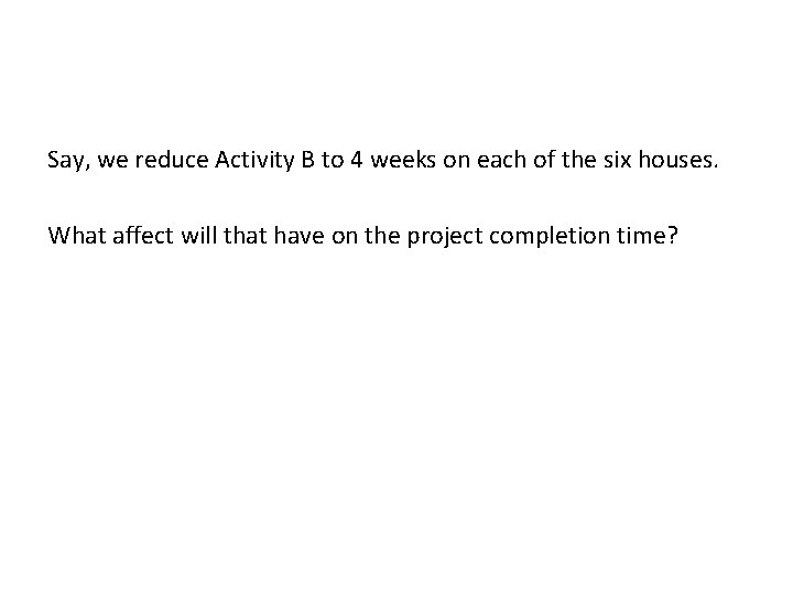 Say, we reduce Activity B to 4 weeks on each of the six houses.