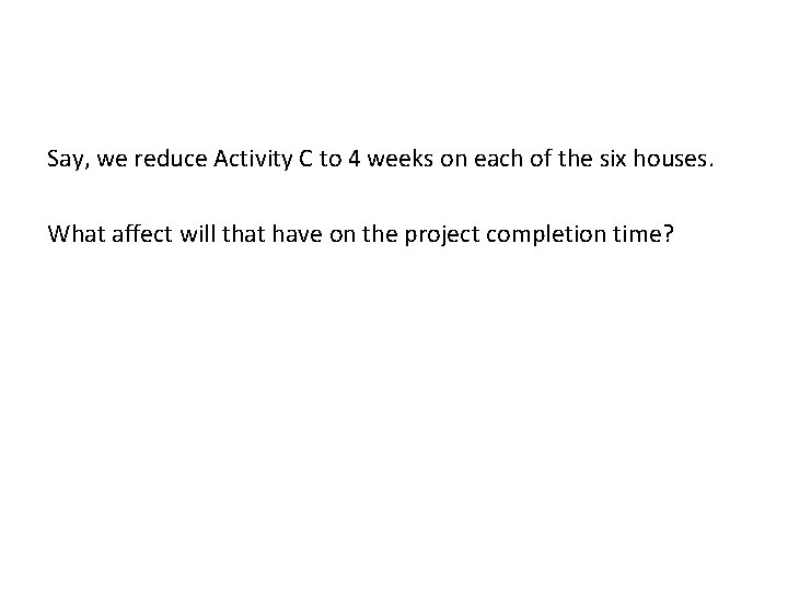 Say, we reduce Activity C to 4 weeks on each of the six houses.