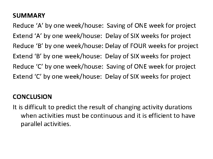 SUMMARY Reduce ‘A’ by one week/house: Saving of ONE week for project Extend ‘A’