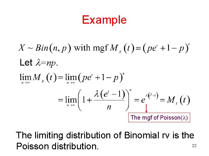 Example Let =np. The mgf of Poisson( ) The limiting distribution of Binomial rv
