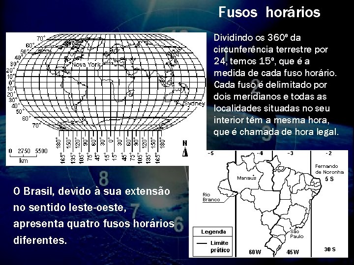 Fusos horários Dividindo os 360º da circunferência terrestre por 24, temos 15º, que é