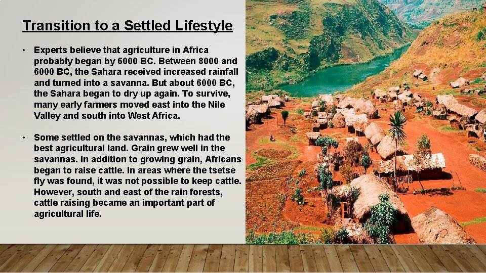 Transition to a Settled Lifestyle • Experts believe that agriculture in Africa probably began