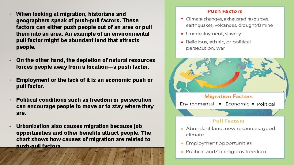  • When looking at migration, historians and geographers speak of push pull factors.