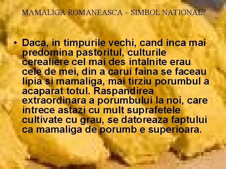 MAMALIGA ROMANEASCA – SIMBOL NATIONAL? • Daca, in timpurile vechi, cand inca mai predomina